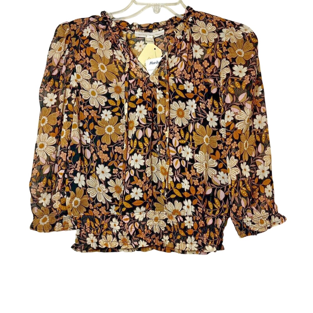 Monteau Los Angeles Floral Smocked Blouse Retro 70s Metallic Lurex Boho M‎ NWT